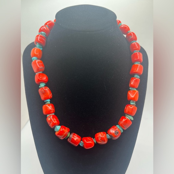 Jewelry - chunky red bamboo coral bead necklace with turquoise spacers southwestern style